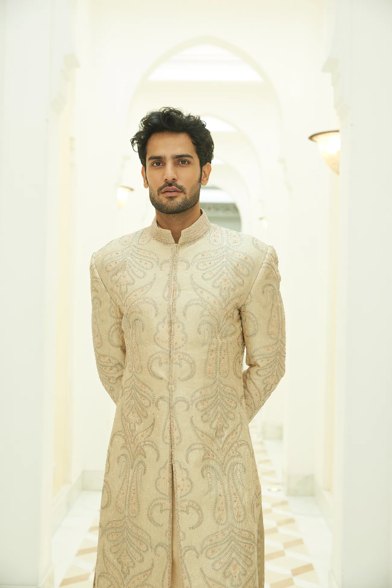 BEIGE RAW SILK SHERWANI KURTA TROUSER SET