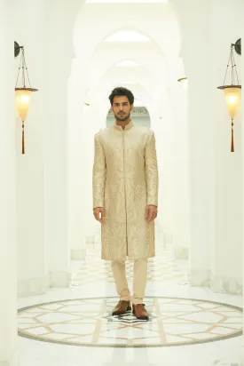 BEIGE RAW SILK SHERWANI KURTA TROUSER SET