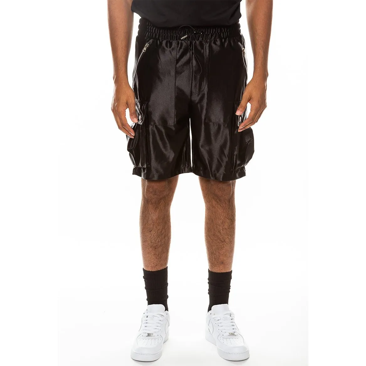 Black Satin Cargo Shorts