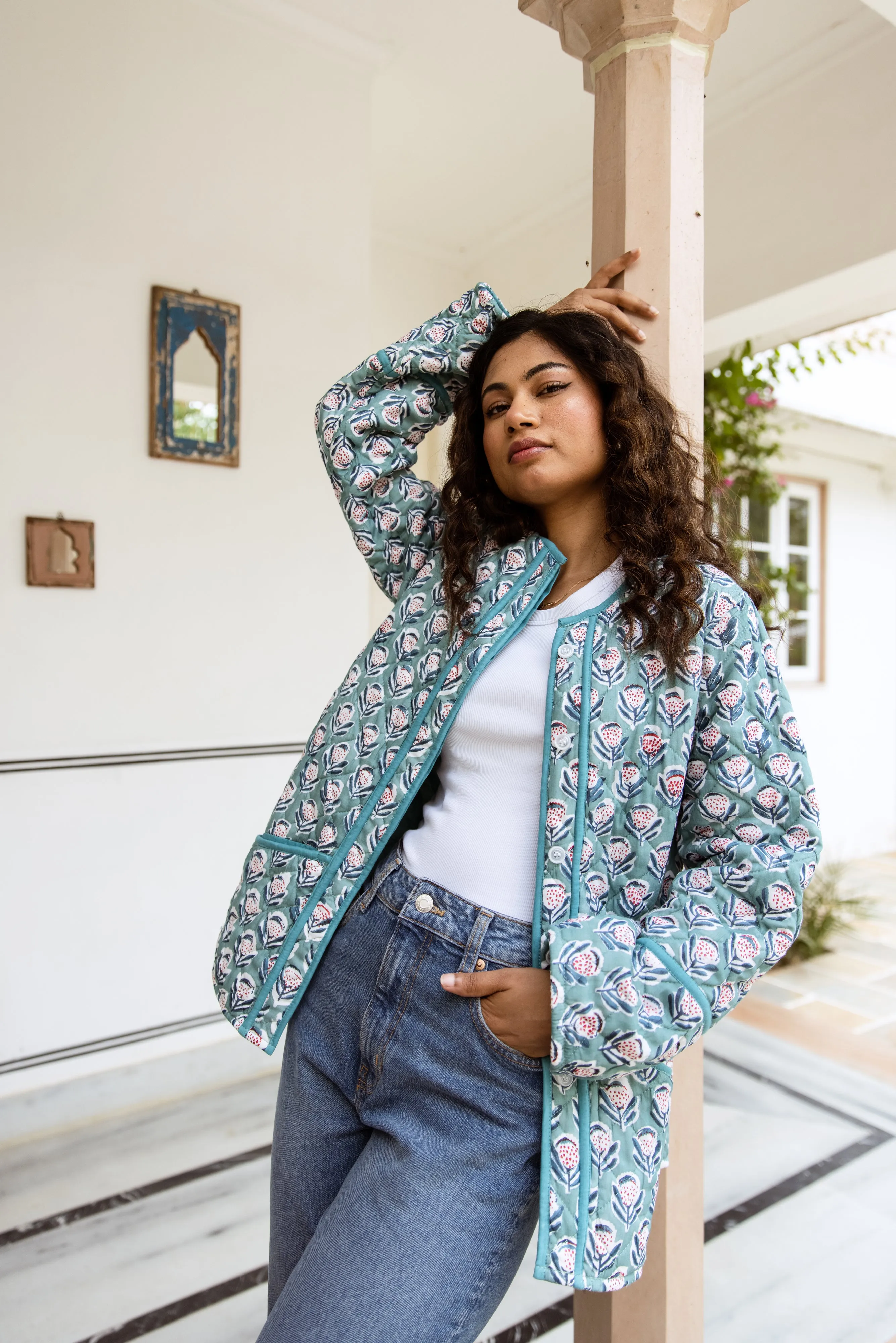 Block Print Quilted Jacket - Blue