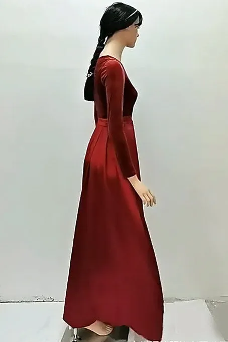 Burgundy Deep V-Neck Long Sleeve A-Line Evening Prom Dresses