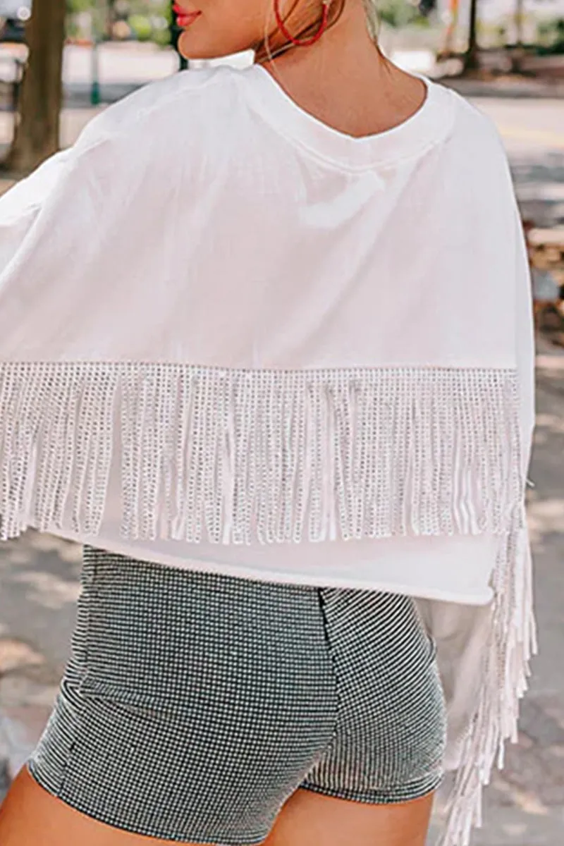 Casual Letter Tassel O Neck Tops