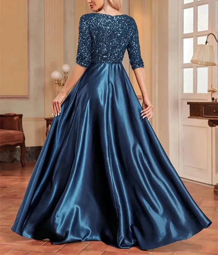 CC Elegant Satin Short sleeve Sequins Evening Dress/Floor Length Formal Cocktail Gown