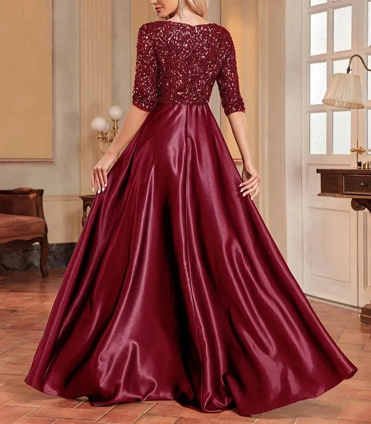 CC Elegant Satin Short sleeve Sequins Evening Dress/Floor Length Formal Cocktail Gown