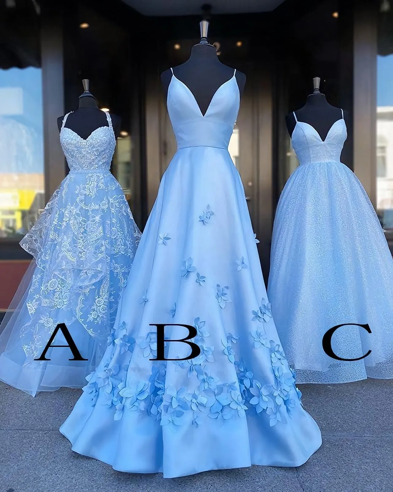 Charming Blue Spaghetti Straps V Neck Flowers Long Prom Dresses Satin Unique Formal Dresses