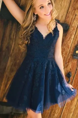 Cute V Neck Navy Blue Lace Short Prom Homecoming Dresses, Short Navy Blue Lace Formal Graduation Evening Dresses