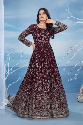 Dark Wine Floral Embroidered German Silk Gown