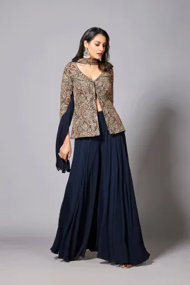 Deep Blue Embroidered Vama Georgette Silk Jacket-Palazzo Set