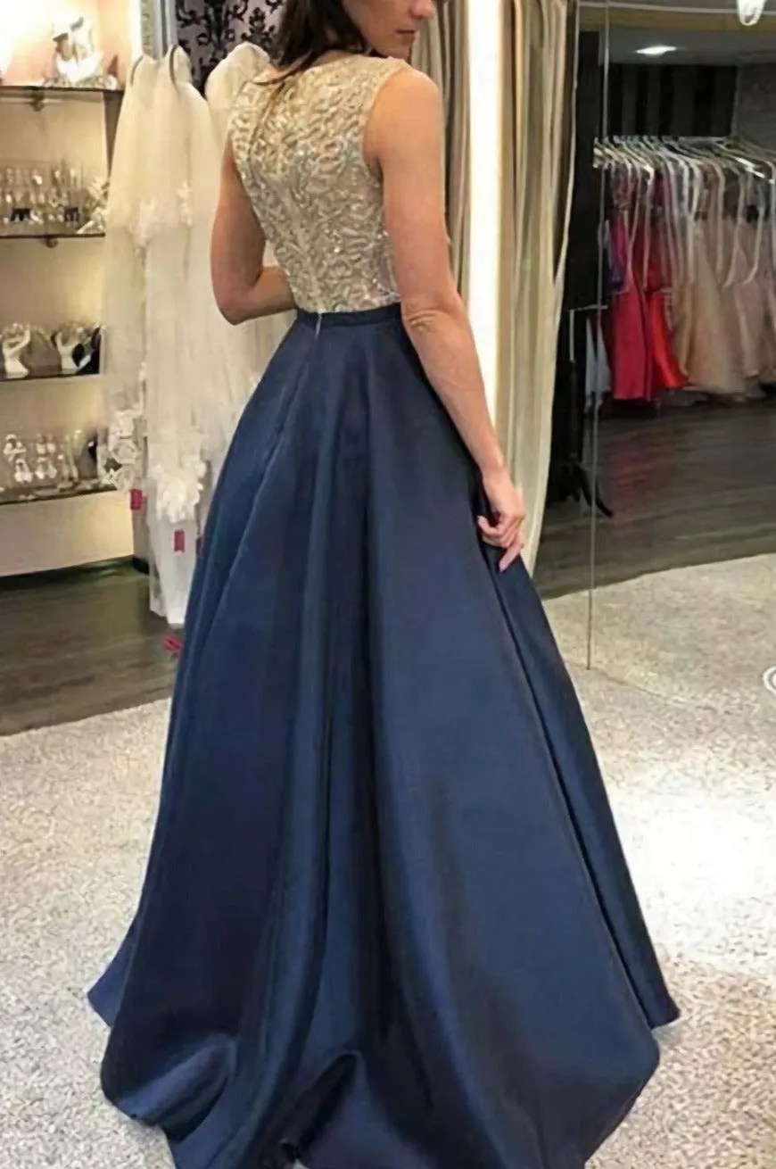 Elegant Navy Blue With Beading Fashion A Line Satin Long Prom Dresses