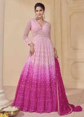 Embroidered Ombre Pink Real Georgette Pretty Anarkali Gown