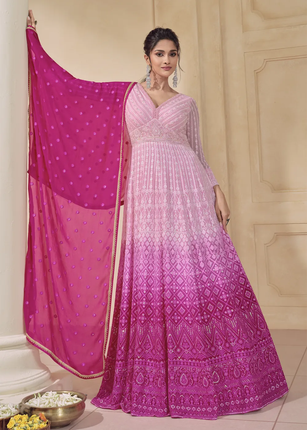 Embroidered Ombre Pink Real Georgette Pretty Anarkali Gown