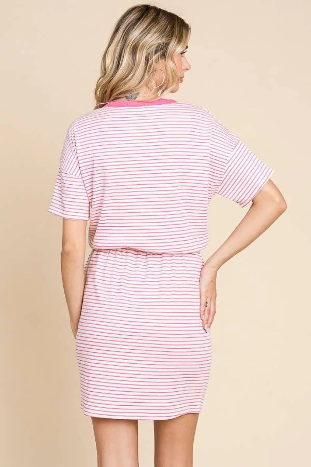 Full Size Striped Short Sleeve Mini Dress with Pockets