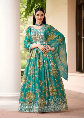 Green Floral Digital Printed & Embroidered Festive Anarkali Gown