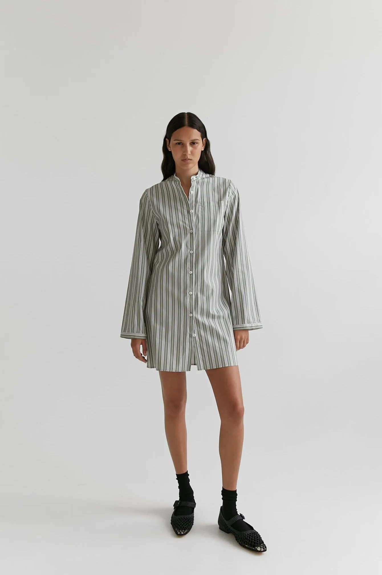 green stripe mini shirt dress