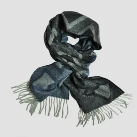 Herring Bone and Geo's Wool Scarf in Grey & Blue