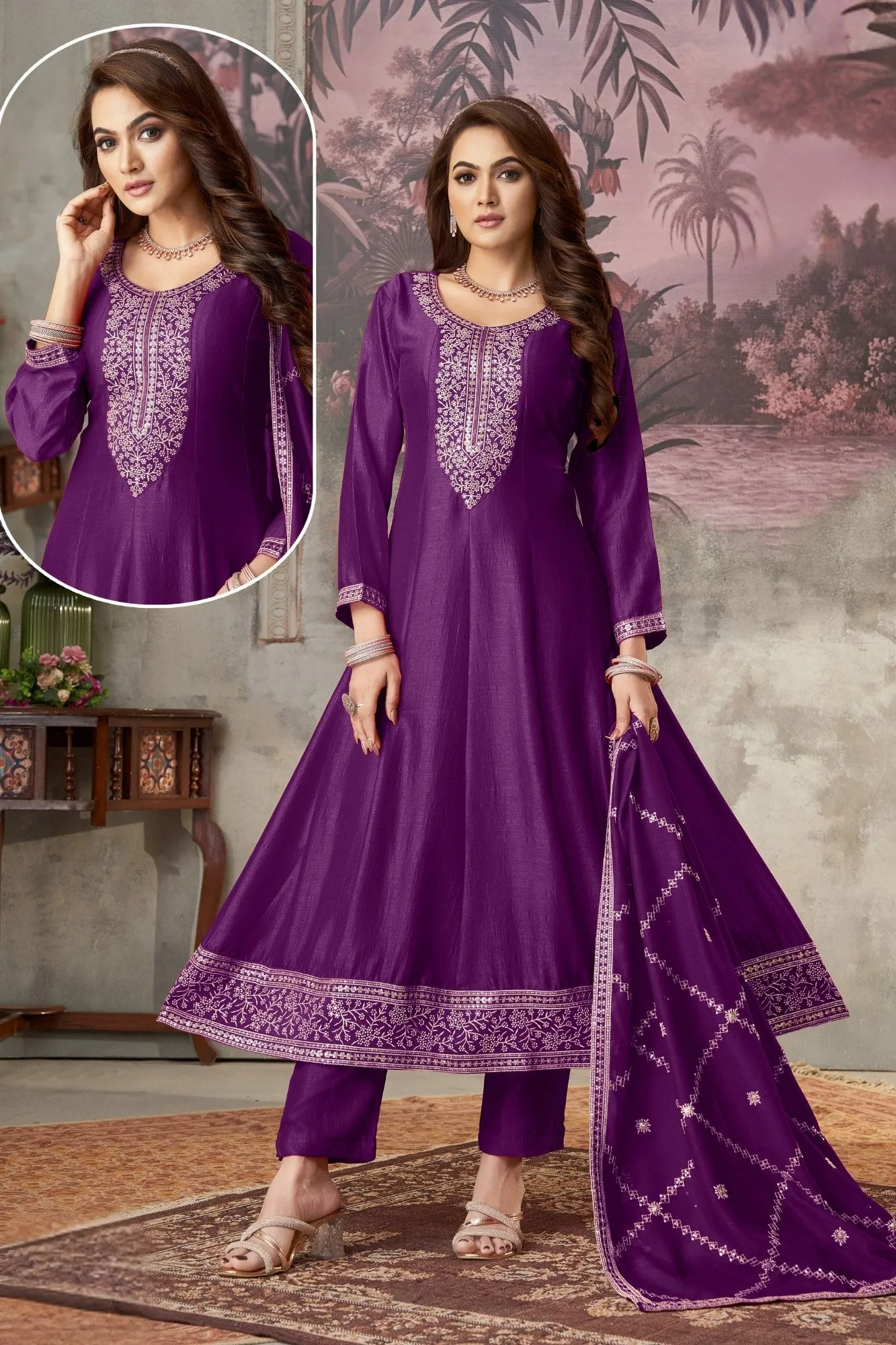 Imperial Purple Embroidered Premium Silk Anarkali Set