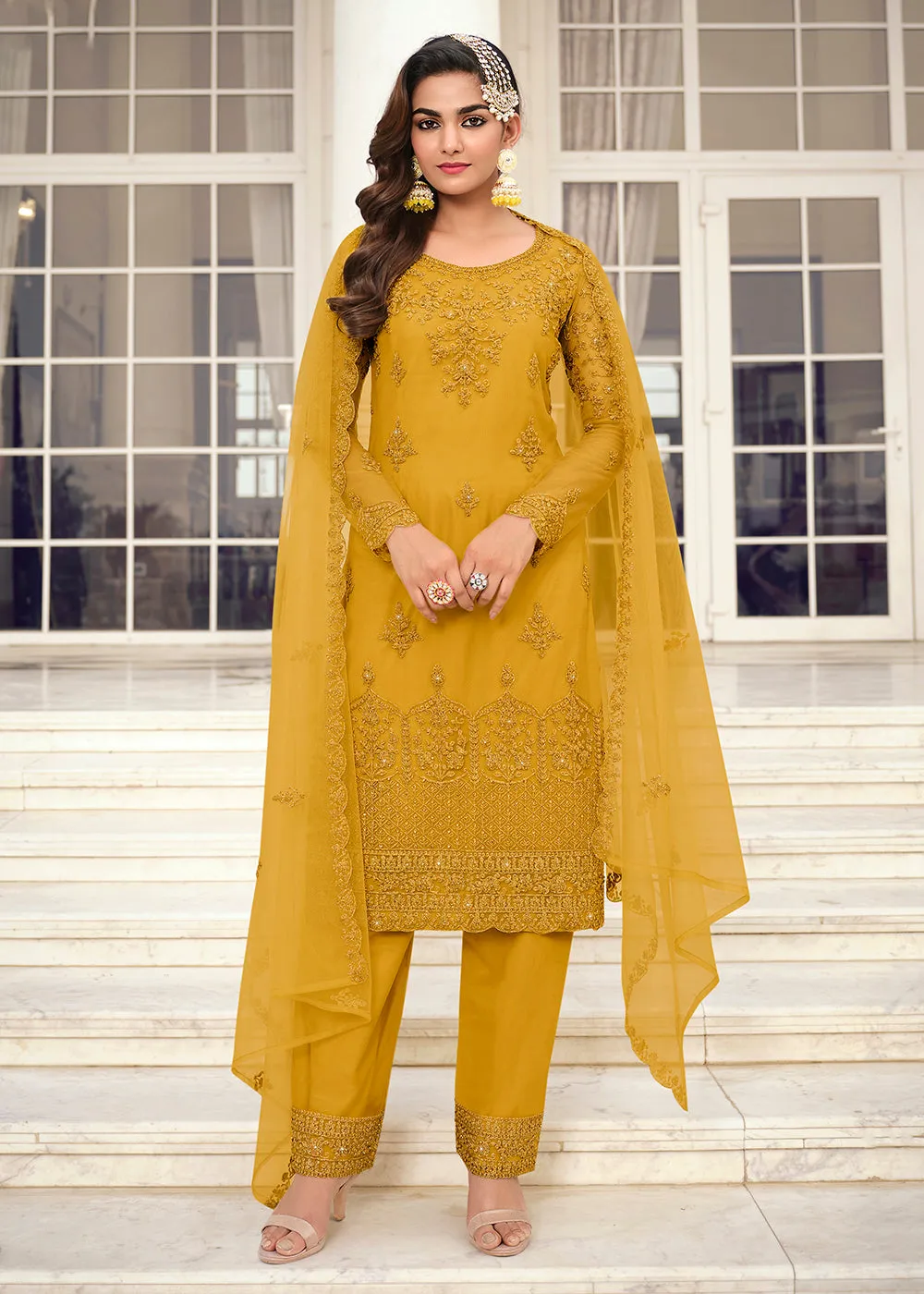 Intricate Yellow & Gold Embroidered Pant Style Salwar Suit