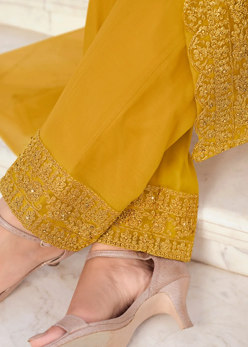 Intricate Yellow & Gold Embroidered Pant Style Salwar Suit