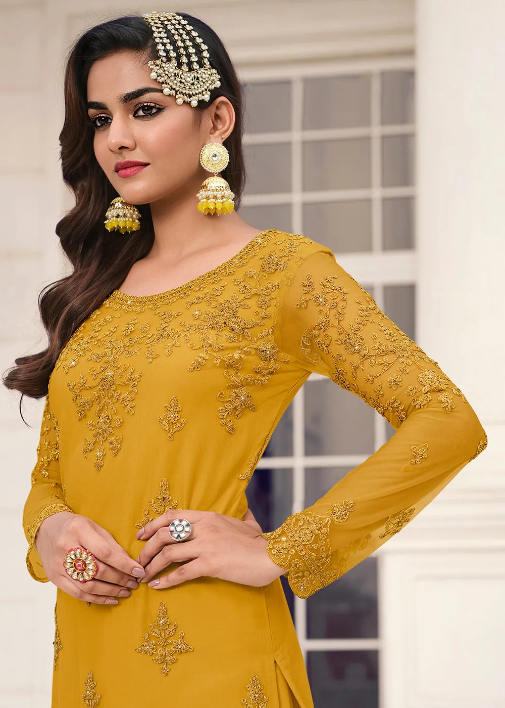 Intricate Yellow & Gold Embroidered Pant Style Salwar Suit