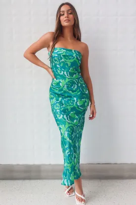 Kyra Satin Maxi Dress - Green Print