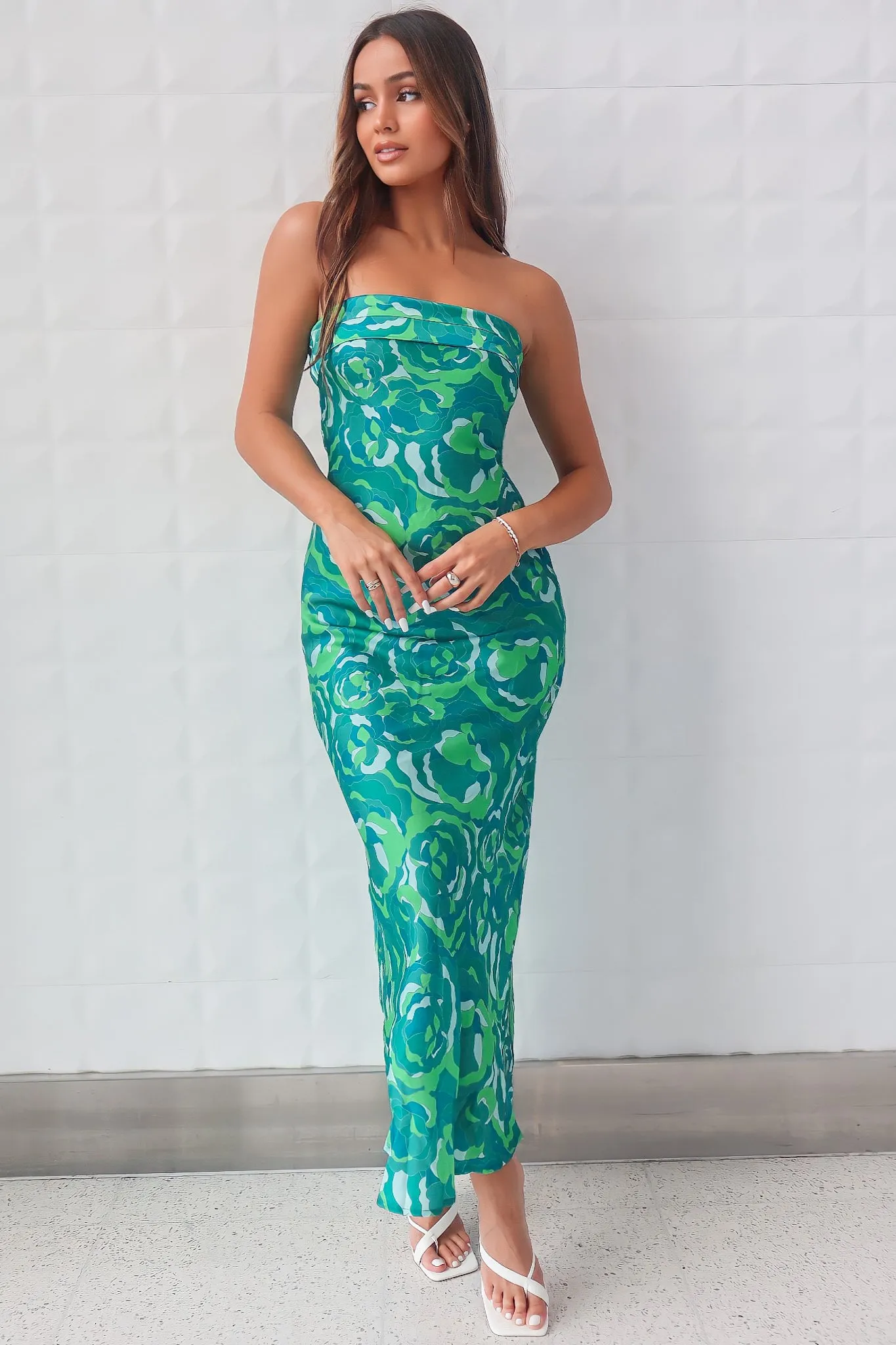 Kyra Satin Maxi Dress - Green Print