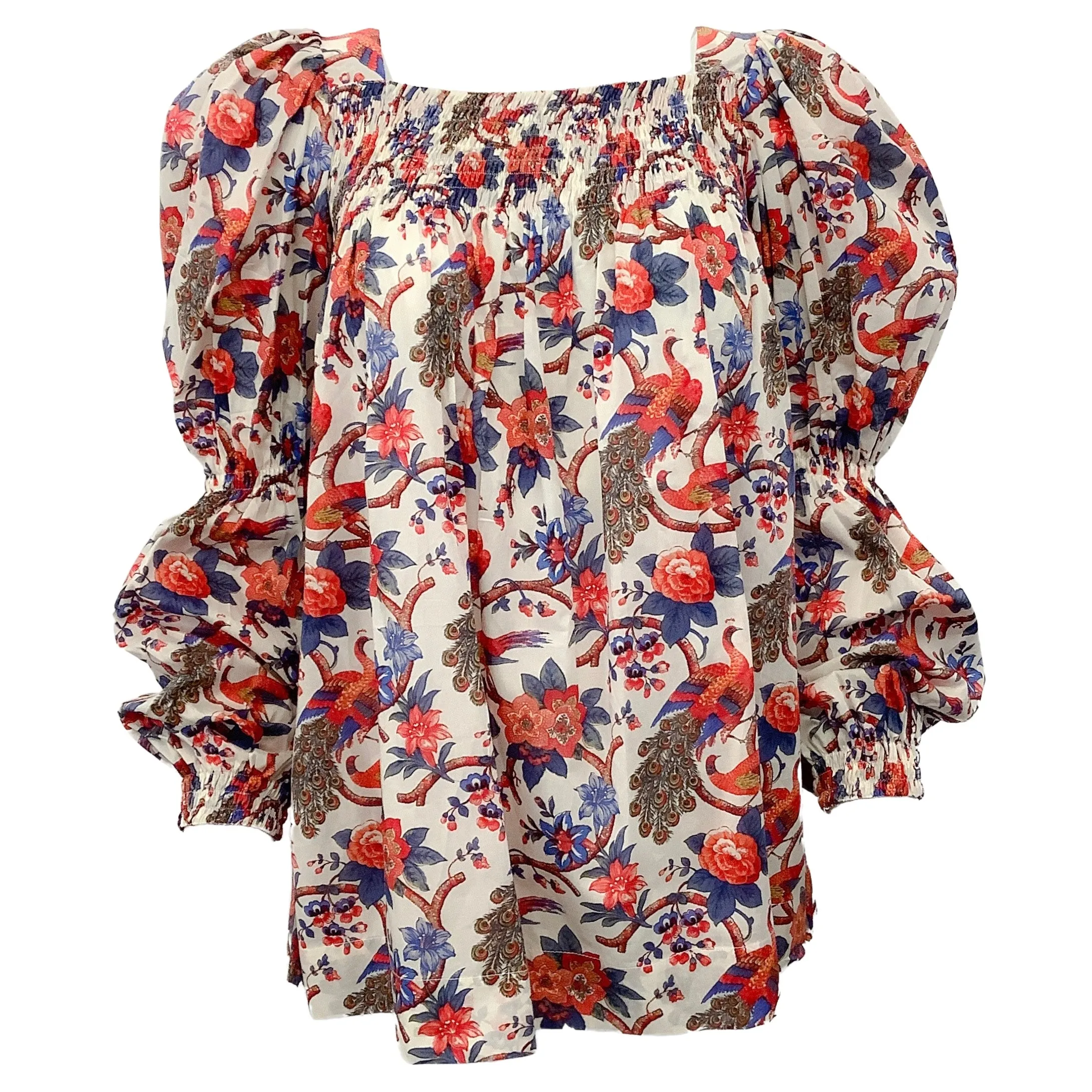 La DoubleJ White Multi Bird Print Puff Sleeved Blouse