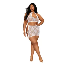 Lace Bralette and Mini Skirt Set - Queen Size - White