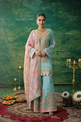 Light Blue Embroidered Organza Silk Sharara Set