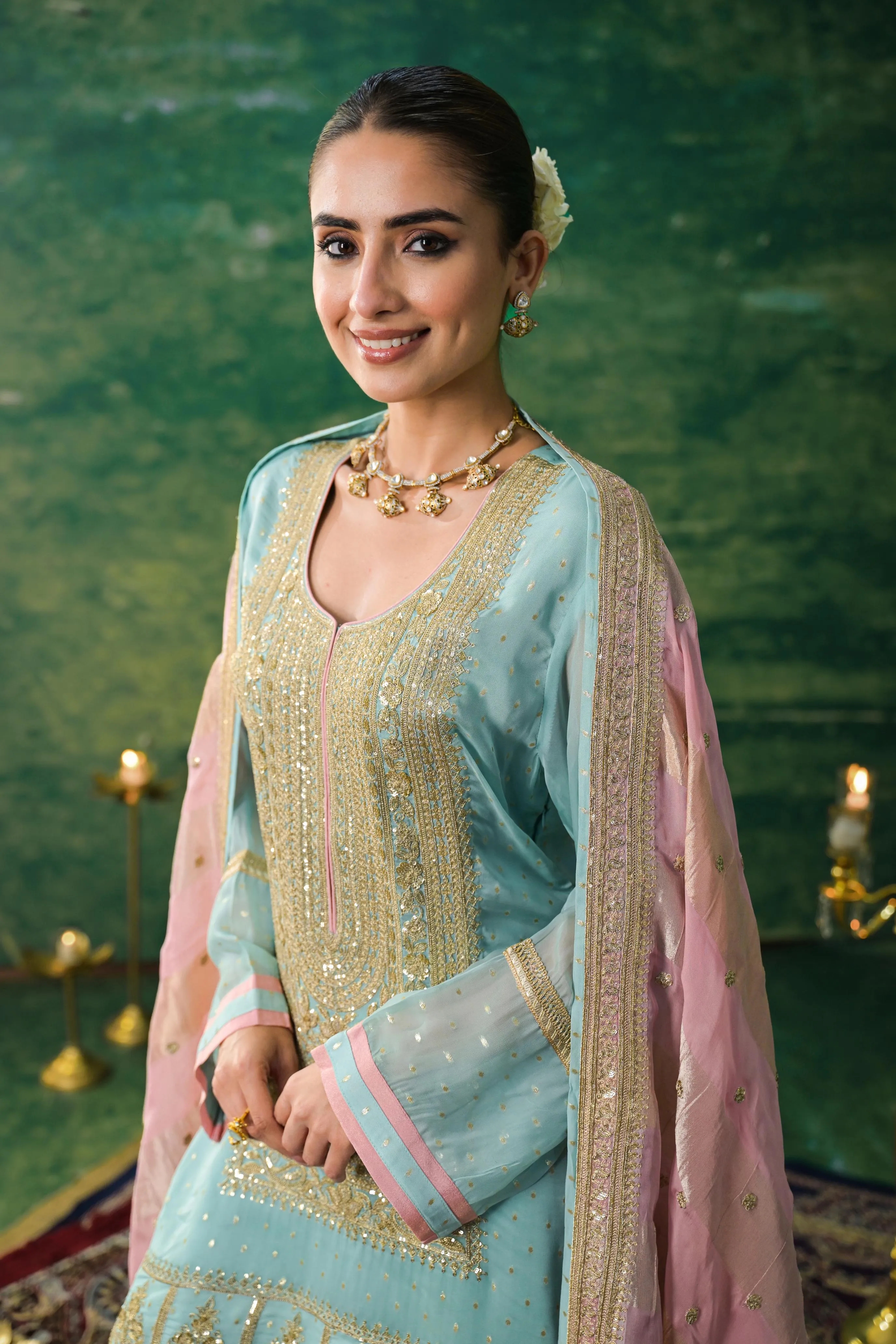 Light Blue Embroidered Organza Silk Sharara Set