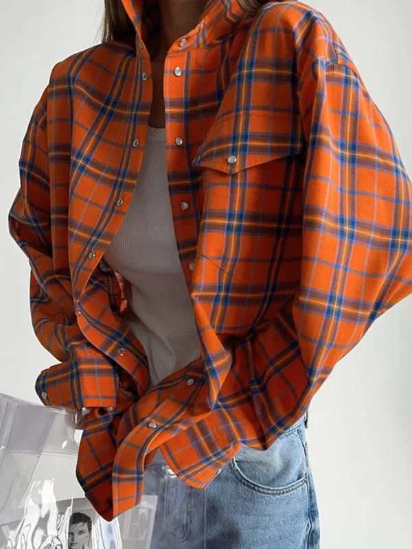 Long Sleeves Loose Buttoned Plaid Pockets Lapel Blouses&Shirts Tops