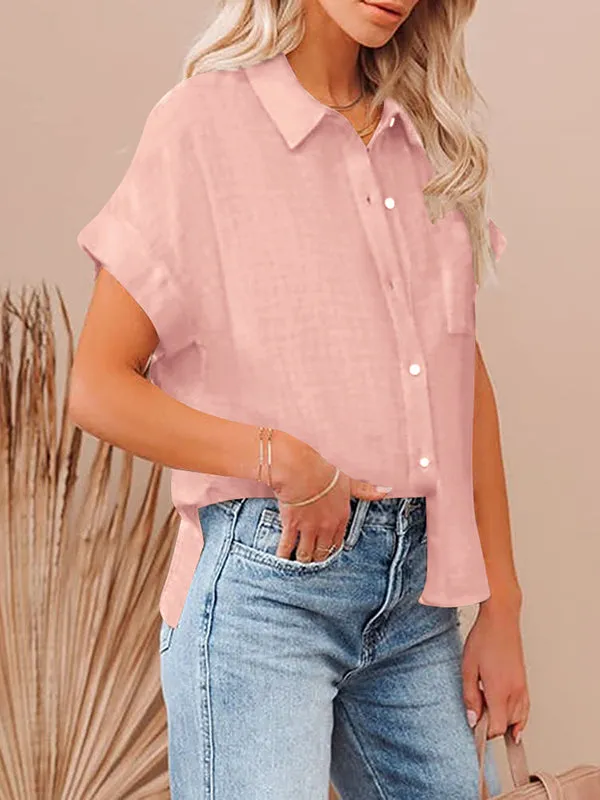 Loose Short Sleeves Pleated Lapel Blouses&Shirts Tops