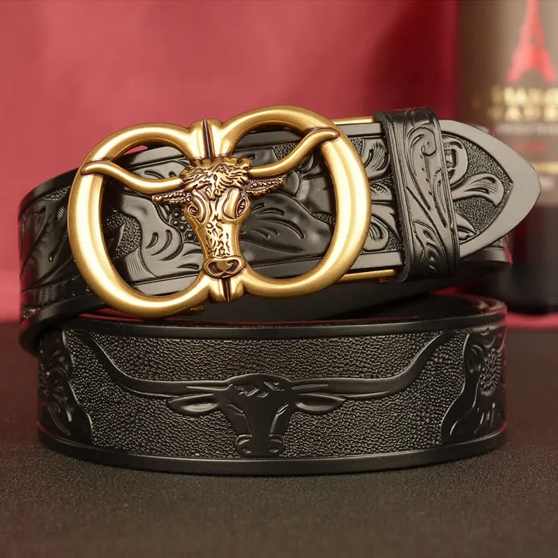 Men's Double Ring Bull Automatic Buckle Leather Belt