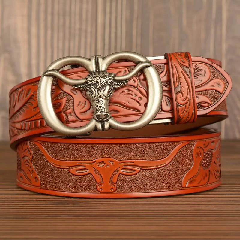 Men's Double Ring Bull Automatic Buckle Leather Belt