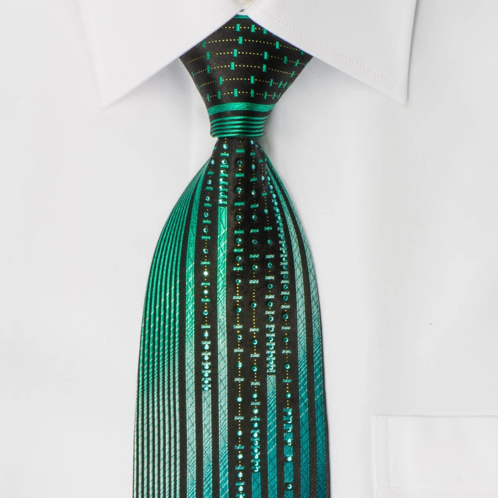 Metro City Men's Woven Silk Rhinestone Neck Tie Green Vertical Stripes On Black With Sparkles