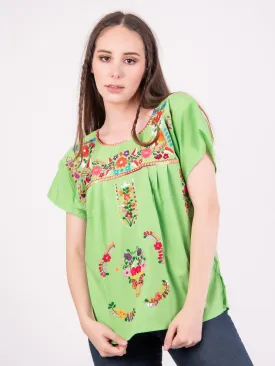 Mexican Tehuacan Full Embroidered Blouse Lime Green