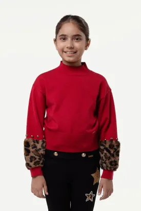 One Friday Kids Girl Red Pullover Sweater with Animal Printed Cuff