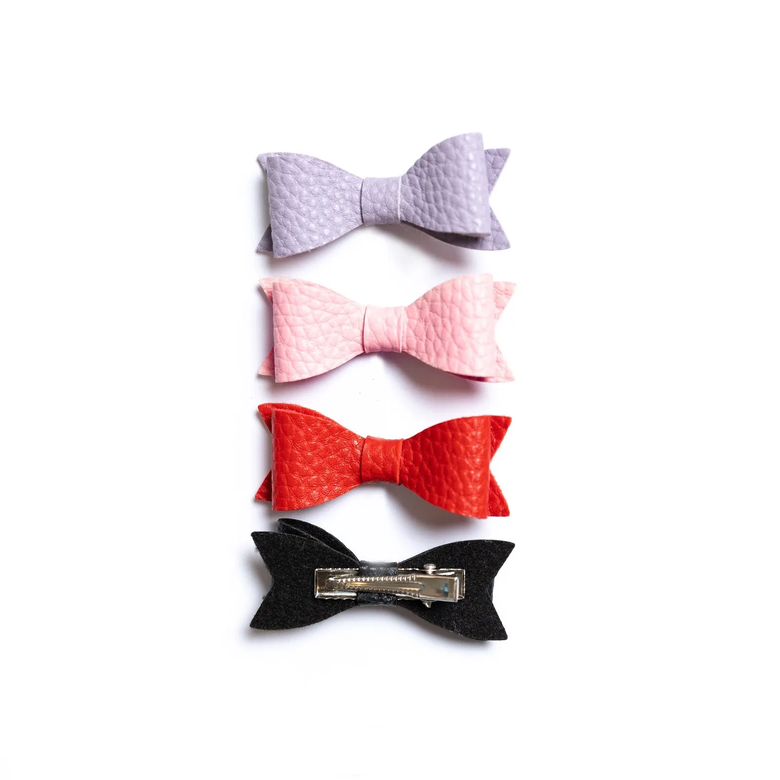 Petite Leather Mini Bow Hair Clip Set- Lt Orchid, Light Pink, Red & Black