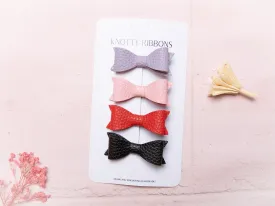 Petite Leather Mini Bow Hair Clip Set- Lt Orchid, Light Pink, Red & Black