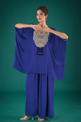 Purple Embroidered Satin Silk Kaftan Set