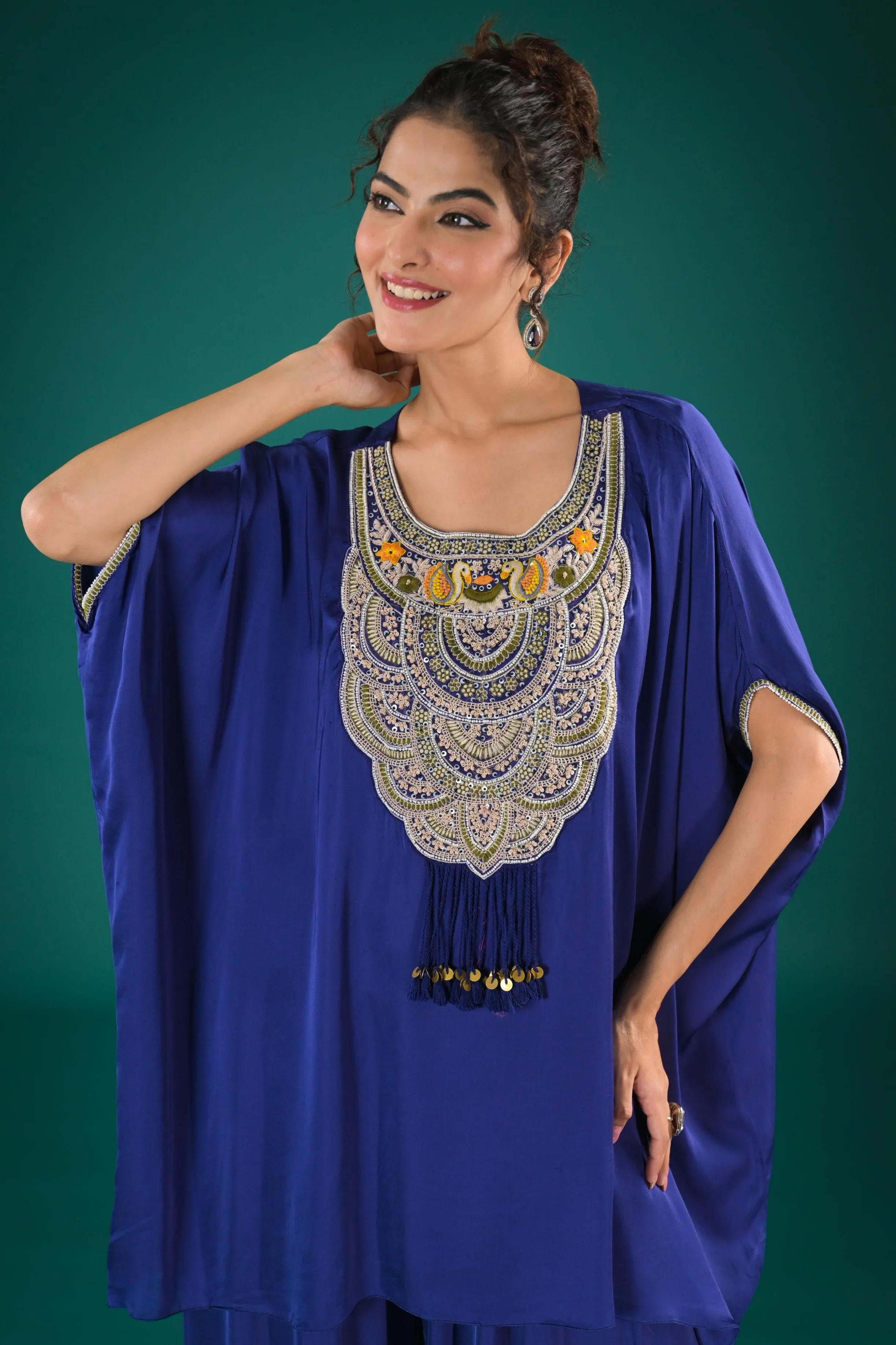 Purple Embroidered Satin Silk Kaftan Set