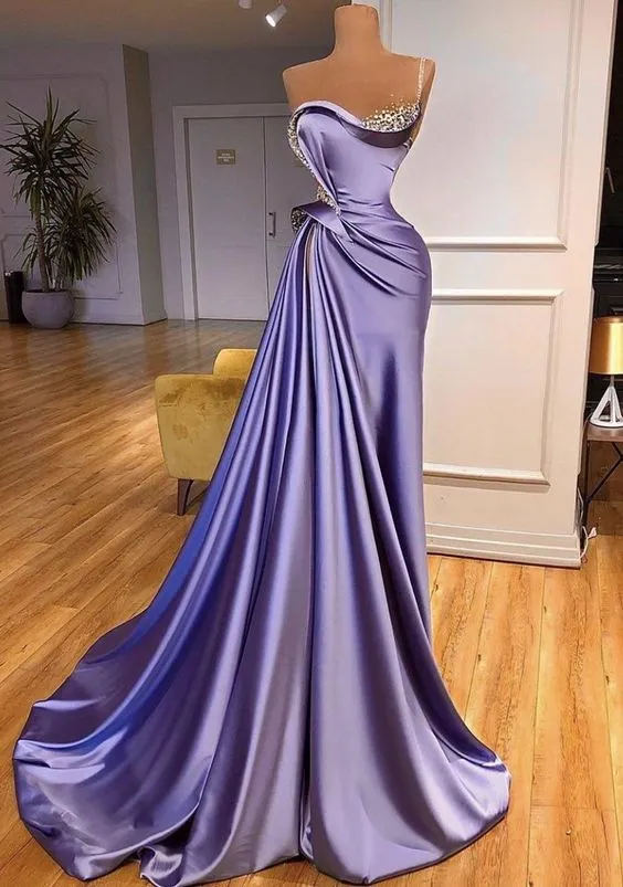 Purple Prom Dresses, Crystal Beaded One Shoulder Prom Dresses, Pleats Satin Prom Dress