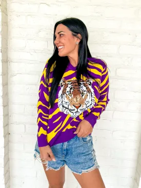 Queen Of Sparkles Purple & Yellow Tiger Face Tiger Head LS Sweater