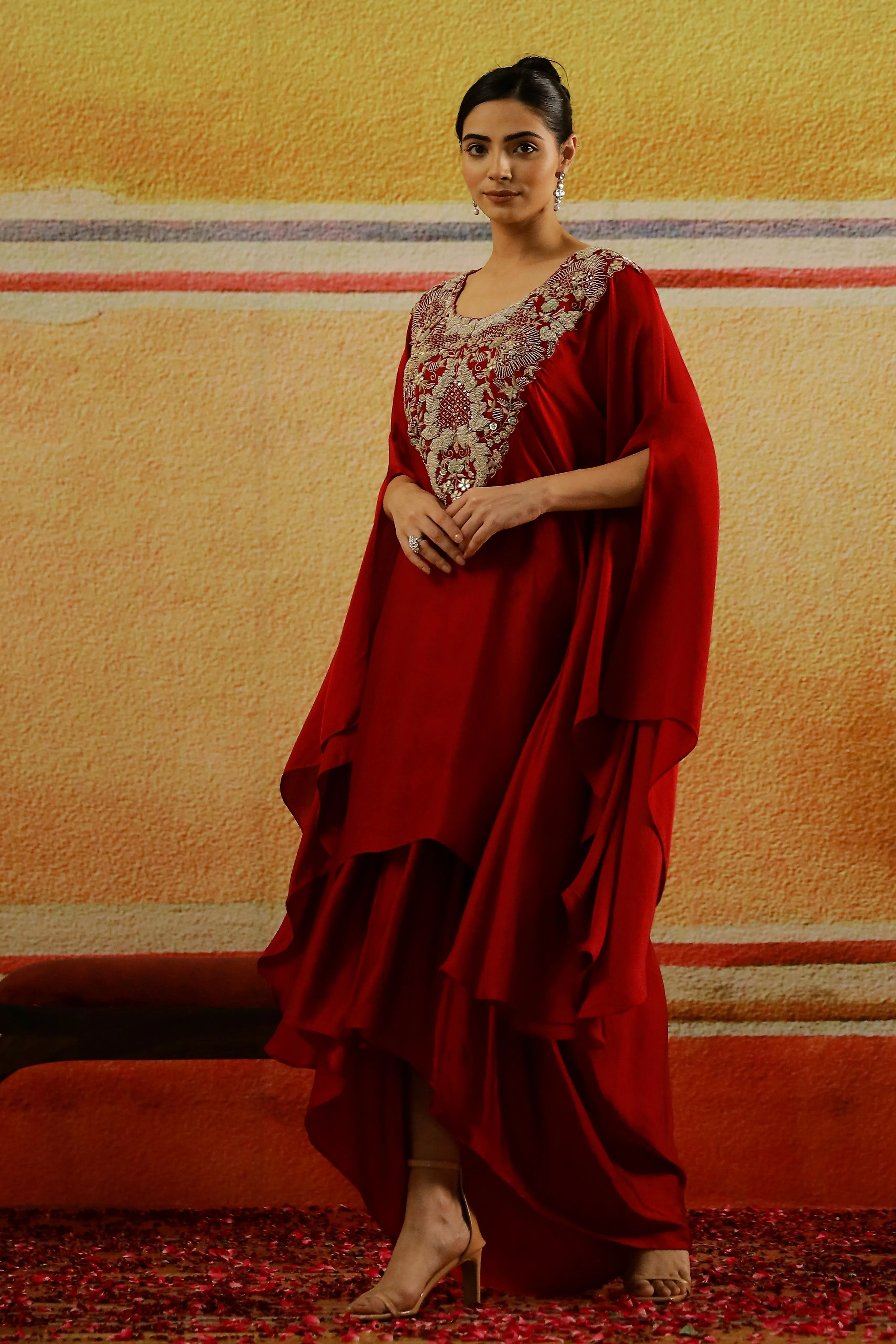 Red Embroidered Satin Silk Kaftan & Skirt Set