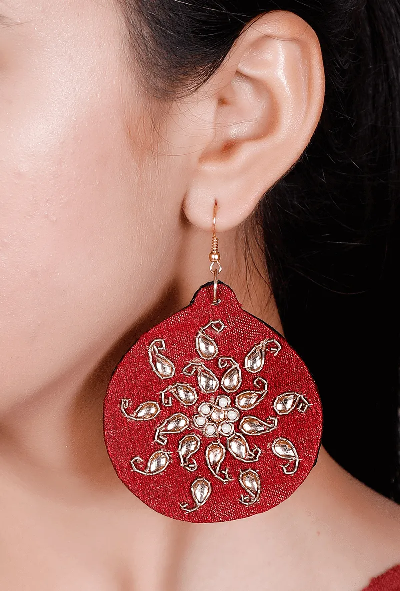 Red Round Zardozi Embroidered Raw Silk Earrings