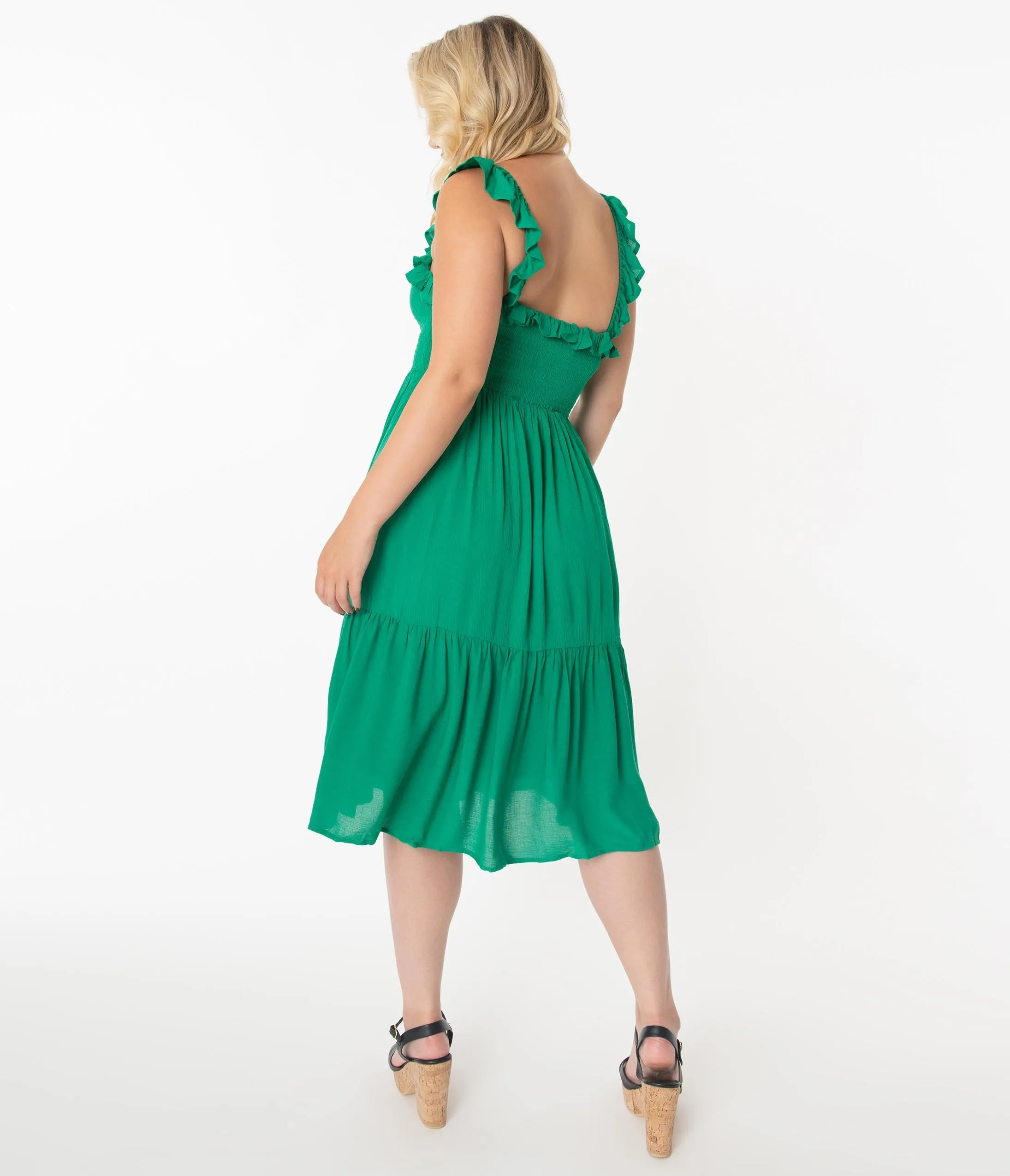 Retro Style Green Smocked Midi Dress