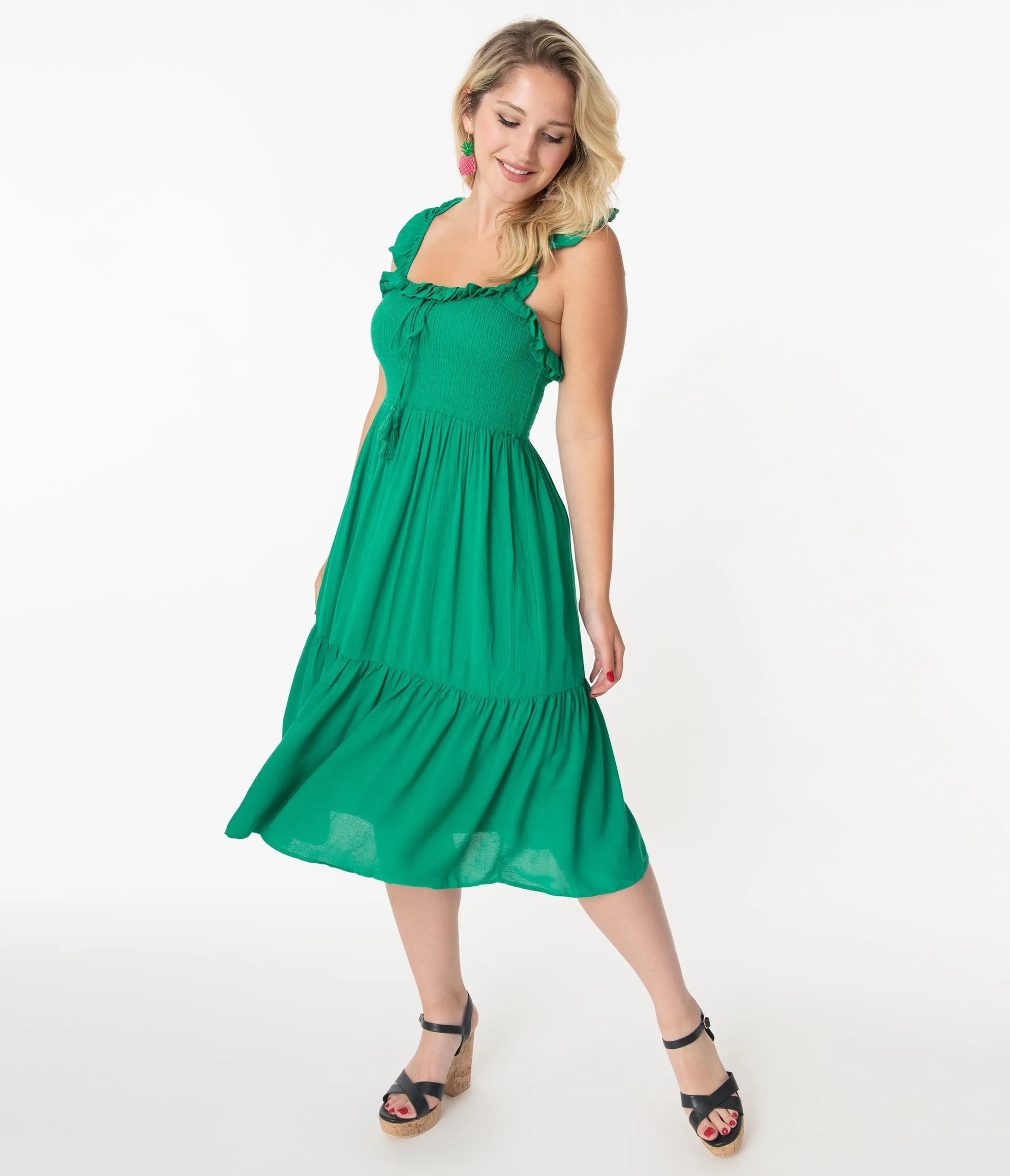 Retro Style Green Smocked Midi Dress