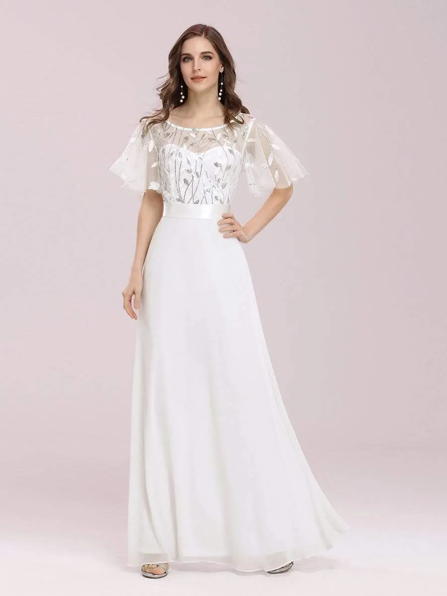 Romantic Round Neck Ruffle Sleeves Chiffon & Sequin Prom Dress