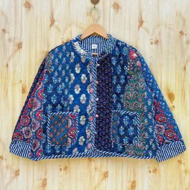 Royal Blue Reversible Handmade Patchwork Quilted Kantha Fabric Jacket