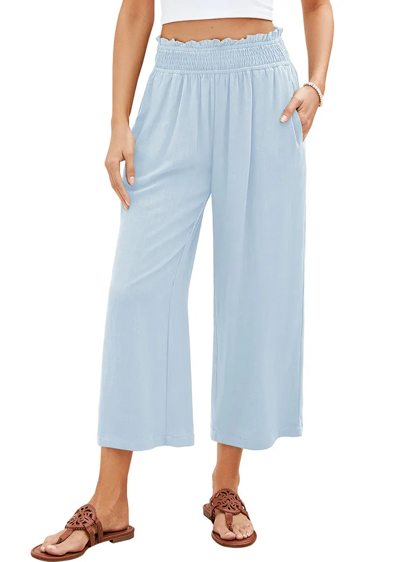 Sky Blue Women's High Waisted Wide Leg Elastic Waist Linen Palazzo Pants Pull On Smock Waist Baggy Fit Trousers