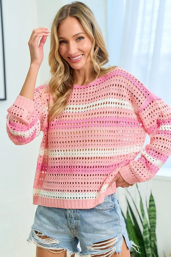 Striped Long Sleeve Openwork Knit Top